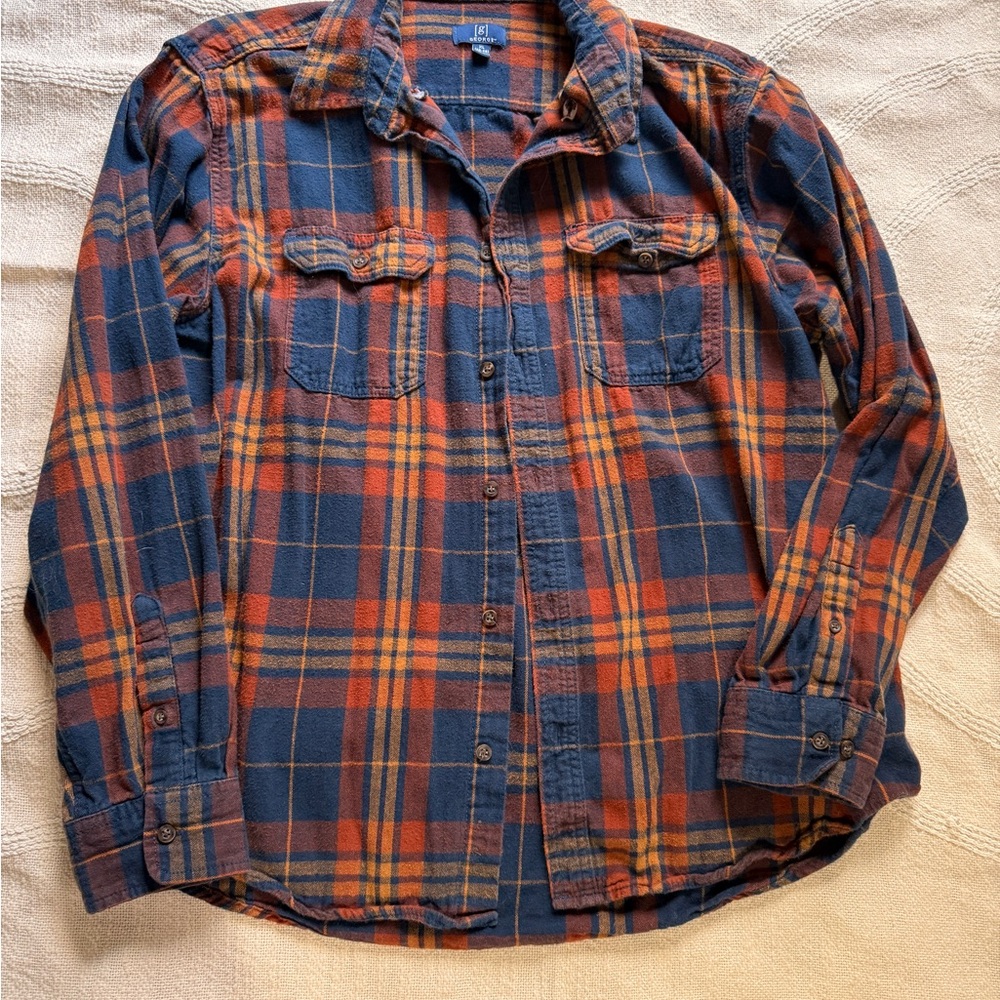 George Neautral Blue and Orange Casual Layering Plaid Shirt 100% Cotton